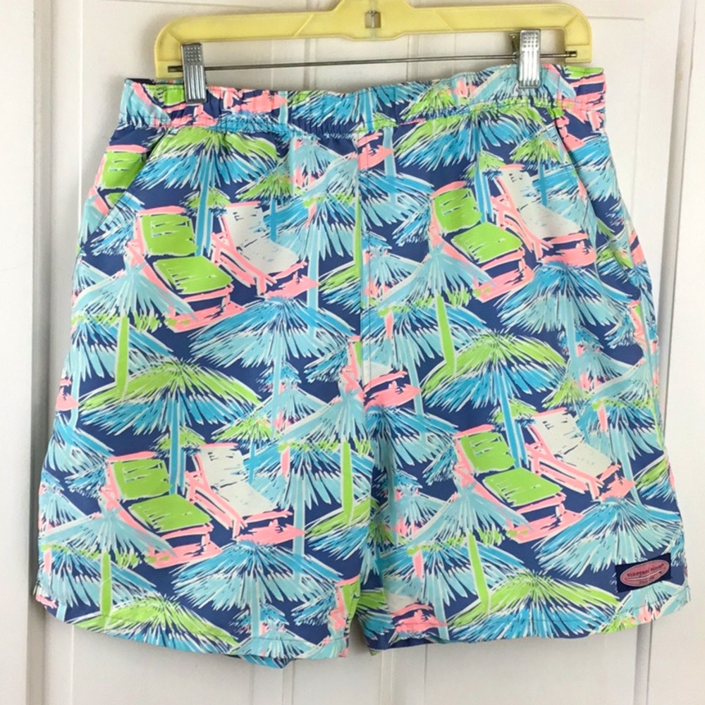 Vineyard Vines Men’s Navy Blue Swim Trunks with Lime Green & Pink Tropical Print